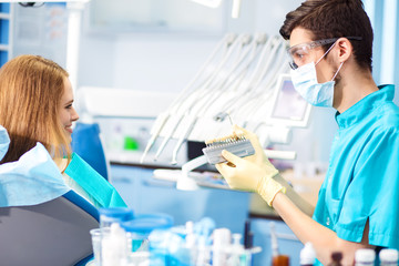 Portrait of male dentist with patient. Dental care Concept.