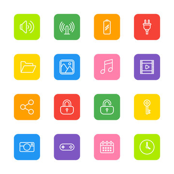 line web icon set on colorful rounded rectangle for web design, user interface (UI), infographic and mobile application (apps)