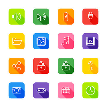 line web icon set on colorful rounded rectangle with shadow for web design, user interface (UI), infographic and mobile application (apps)