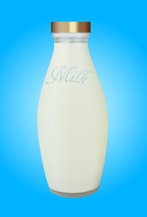 Glass bottle with fresh milk on blue background