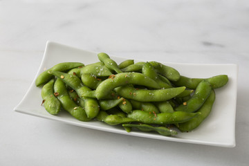 Healthy Edamame on a tray