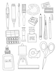 Set of Art Supplies Line Art Illustrations White Fill Hand Drawn