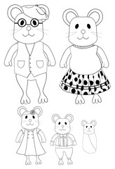 Obraz na płótnie Canvas Cute Mouse Family Line Art No Fill Illustrations Hand Drawn Mom Dad Son Daughter Baby