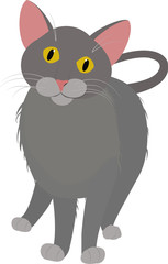 Fototapeta na wymiar grey cartoon domestic cat, with yellow eyes isolated on white