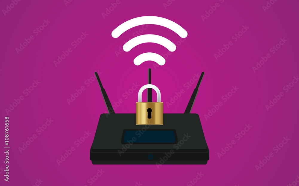 Poster wifi router security illustration with padlock and signal symbol