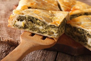 Greek spanakopita piece of pie macro. horizontal
