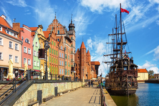 View of the riverside on Old Town by the Motlawa river in Gdansk, Poland.