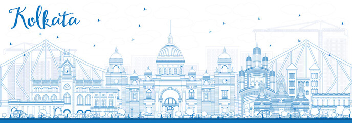 Outline Kolkata Skyline with Blue Landmarks.