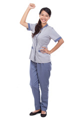 Beautiful Asian maid in uniform very excited