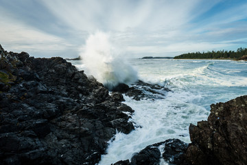 Waves crashing at rocky beach near Tofino, British Columbia