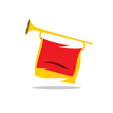 Trumpet with a Red Flag Vector Cartoon Illustration.
