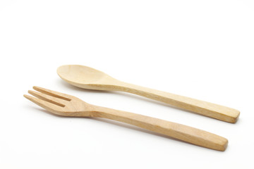 Wooden Spoon and Fork Isolated on white Background