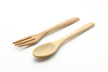 Wooden Spoon and Fork Isolated on white Background