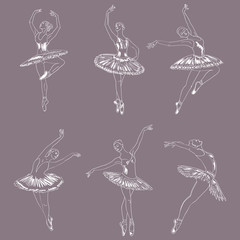Set of hand drawn sketches young ballerinas standing in a pose. Ballerinas on purple collection.   © juhrozian