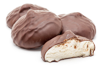 chocolate covered marshmallows on white background