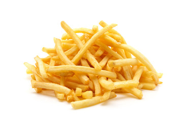 a pile of appetizing french fries on a white background