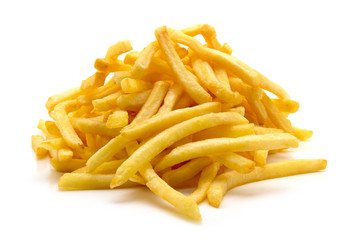 a pile of appetizing french fries on a white background
