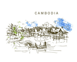 Obraz premium Hand drawn sightseeings vector sketches. Resort, traveling hand drawn illustration. Touristic agency, business company advertising, card, leaflet, poster.