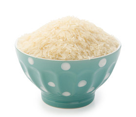 Blue bowl with white polka dots. Isolated with clipping path.