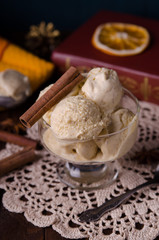 Homemade organic Eggnog Ice Cream with cinnamon and spices. Selectiv focus.