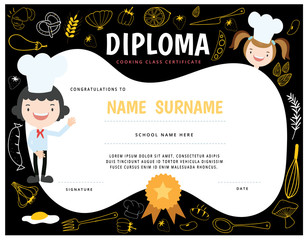 Preschool Elementary school Kids Diploma certificate  template. Full vector design with cute cartoon template. cooking class diploma.