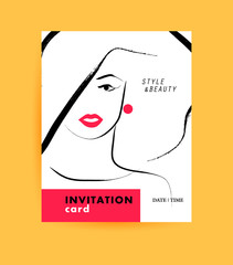 Hand drawn vector young attractive lady portrait. Fashion girl illustration. Business card, invitation.