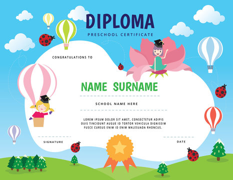 Preschool Elementary school Kids Diploma certificate  template. Full vector design with cute cartoon template