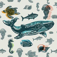 Sea animals colorful seamless vector pattern.