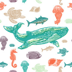 Obraz premium Sea animals colorful seamless vector pattern.