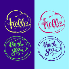 Hand drawn vector lettering. Hello, thank you 