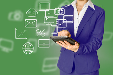 woman holding  tablet with  logo application