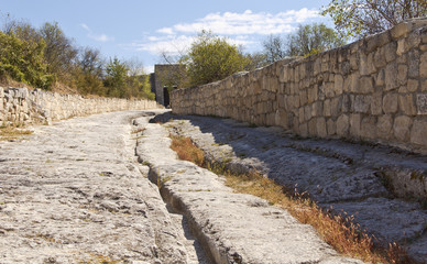 The road leading to the Eastern gate,in the medieval town-fortress Chufut-Kale.Crimea.