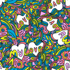 pattern composed of the words I love, you, drawing lips, eyes heart, jagged lines, doodle