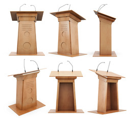 Set of wooden podium tribune with microphones isolated on white background. 3d rendering.