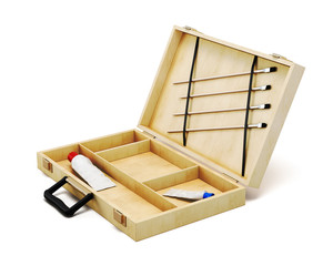 Case of the artist with brushes and colors isolated on white background. 3d rendering.