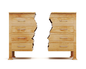 Two halves of dresser isolated on white background. Wooden chest. Conceptual image. Front view. 3d rendering