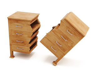 Broken wooden dresser on white background. Conceptual image. Chest of drawers. Front view. 3d rendering