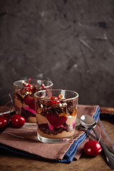 Chocolate and cherry dessert in glass