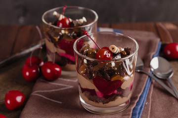 Chocolate and cherry dessert in glass