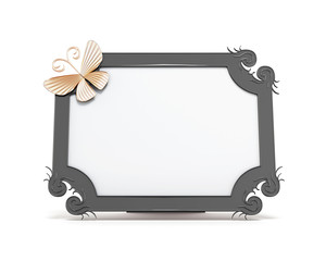 Black frame for photos isolated on white background. With butterfly and curls. 3d rendering