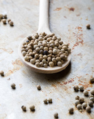 white peppercorn seeds on steel plate