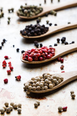 color peppercorn seeds on wooden spoons