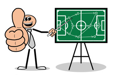 Mann zeigt Fussball Taktik auf Tafel