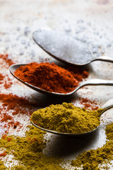 salt, paprika and curry on steel spoons