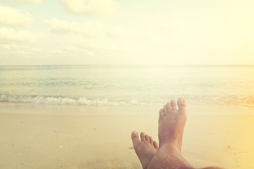 Leisure in summer - Beautiful women tan relax on beach. vintage filter effect