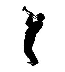 Trumpeter, Musician plays the trumpet jazz. Silhouette trumpeter on white background. Digital illustration. For Art, web, print, wallpaper, greeting card, fashion, poster graphic design. - obrazy, fototapety, plakaty