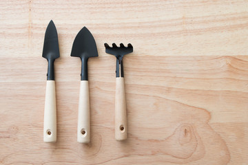 Gardening tools on a wooden board