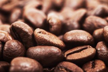 Closeup of coffee beans with focus on one