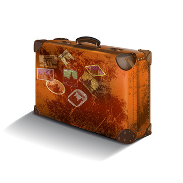 vintage suitcase with labels on the background of the world map.vector illustration
