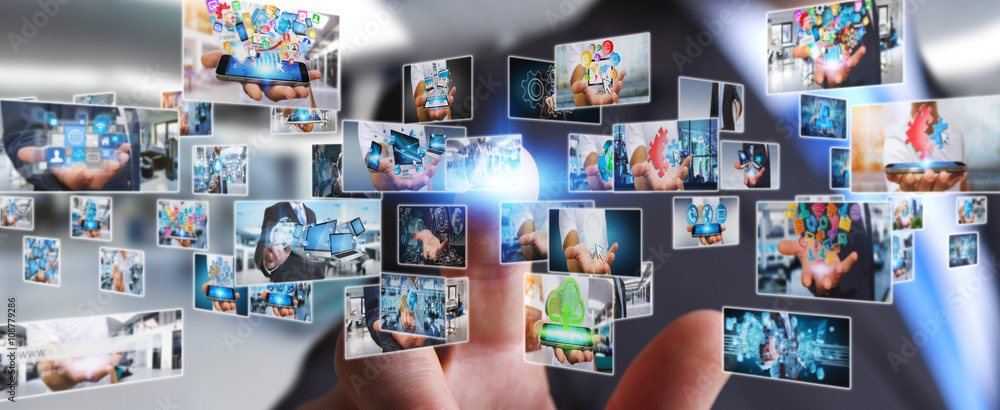 Poster young man using modern interface with images
